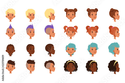 Set of vector boys head faces with different hairstyles. Punk mohawk, dreadlocks, classical and trendy hipster haircut. Front and side view