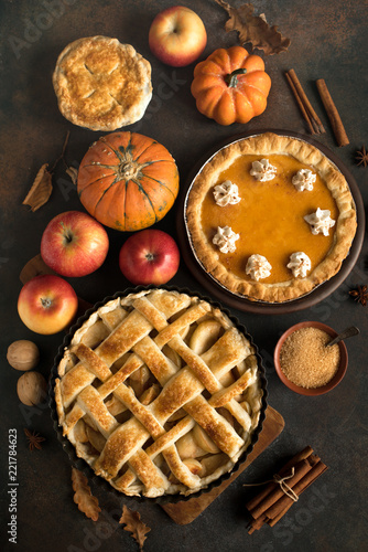 Thanksgiving pumpkin and apple various pies