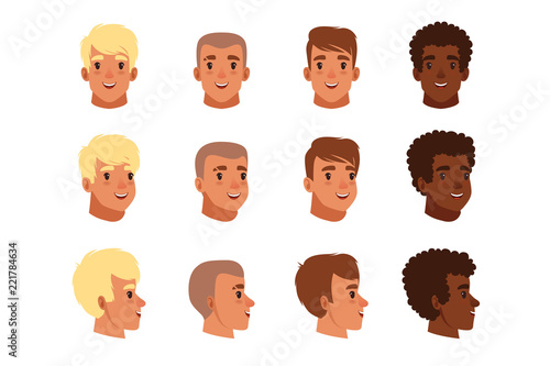 Illustration of men head avatars set with different haircuts. Classical trendy hairstyle, curly hair, bald. Flat design icons