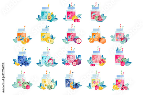 Glass jars with sweet drinks of different flavors. Refreshing summer juice with slices of fruits and cubes of ice. Organic and healthy smoothie. Flat vector icons for vegan cafe menu