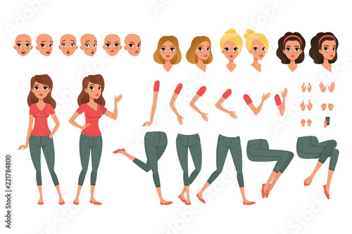 Pretty young woman constructor in flat style. Parts of body legs and arms , face emotions, haircuts and hands gestures. Vector cartoon girl character