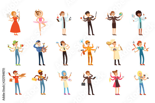 Multitasking people set with many hands. Workers of different professions. Flat worker characters with tools and equipment. Vector