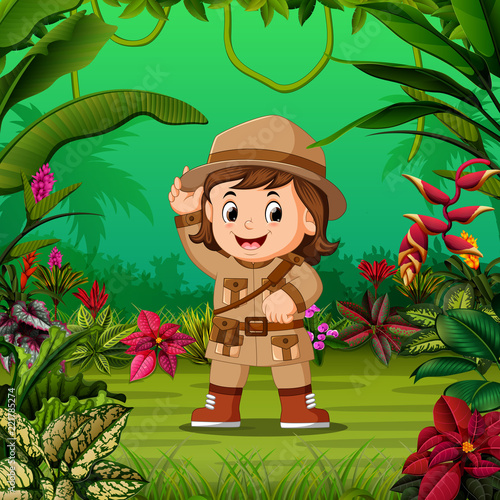 the young girl adventurer stand in the middle of the jungle