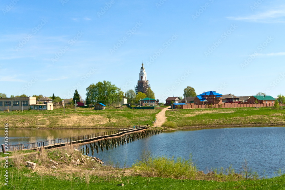 View of the village on the bank of the river Kostroma. Kostroma, Russia.