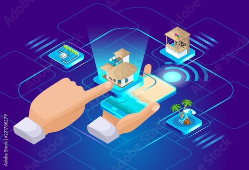 Isometrics search through the Internet, a smartphone, a choice of luxury hotels, options, tourism, vacation, databases. A great concept for animation