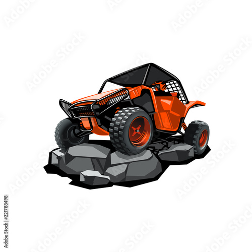 Off-Road ATV Buggy, rides in the mountains on the rocks. Red color. photo