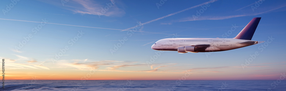Naklejka premium Ogromni dwupiętrowi pasażerowie latający nad chmurami