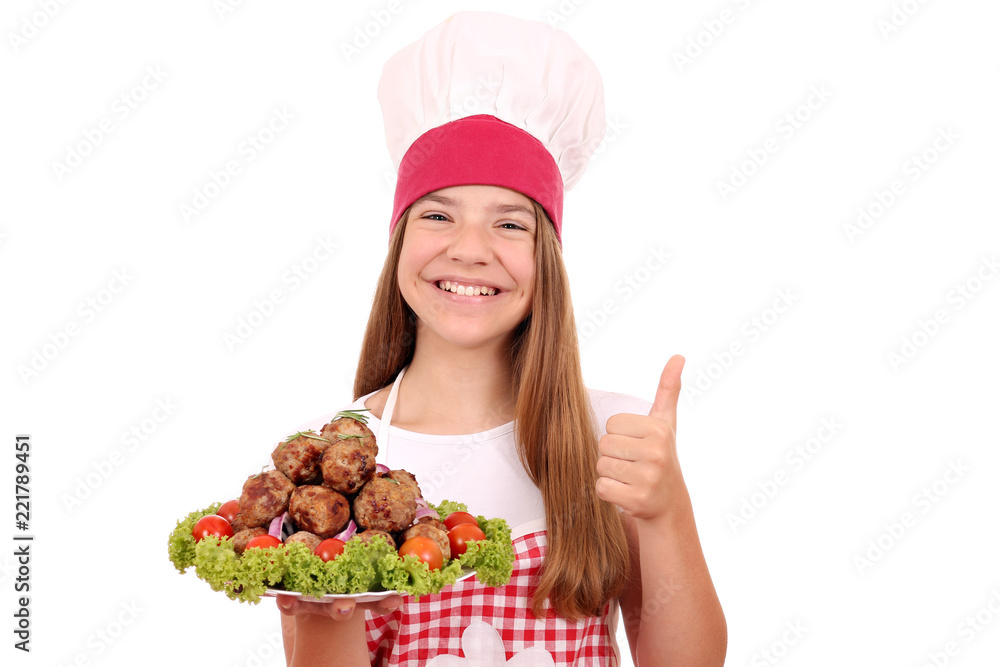beautiful happy girl cook with meatballs and thumb up beautiful happy girl cook with meatballs and thumb up