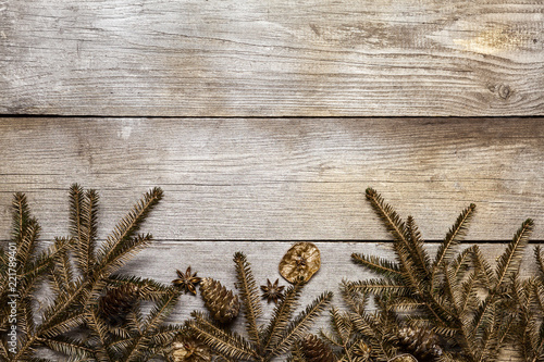 Christmas fir tree on wooden background with space for your text