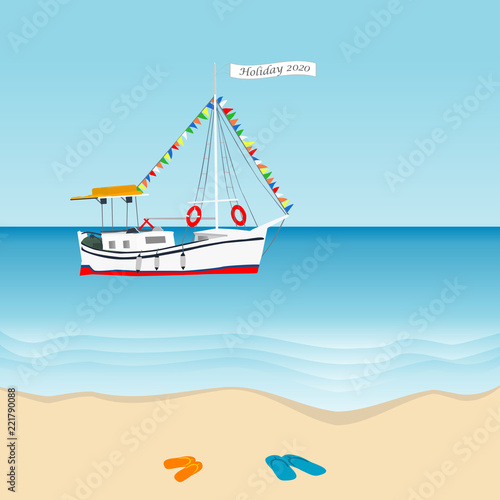 Summer holiday 2020 concept with sailboat in the sea and slippers on the beach