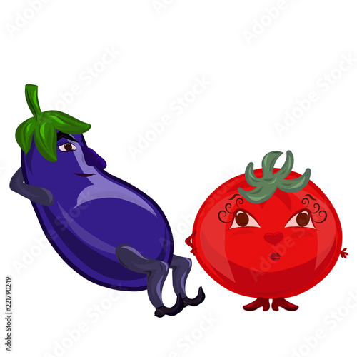 Happy eggplant and tomato resting  with faces  romance