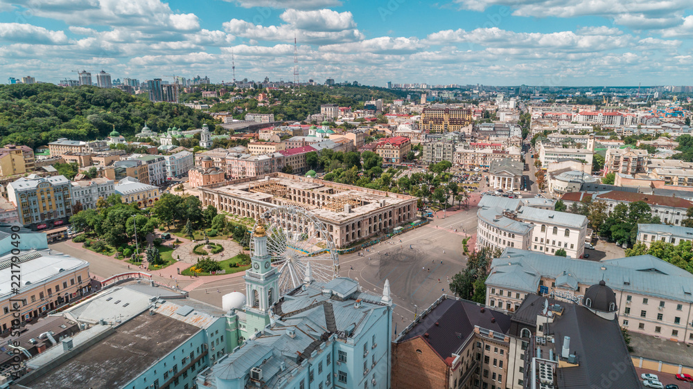 Aerial view of an abandoned building. Guest house. Trees. Contract Square. Kiev (Kyiv). Ukraine.