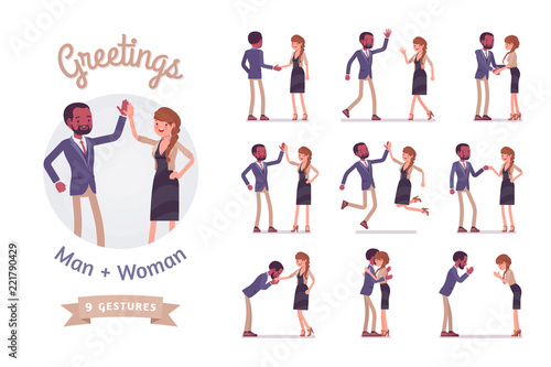 Male and female friends multicultural greeting set