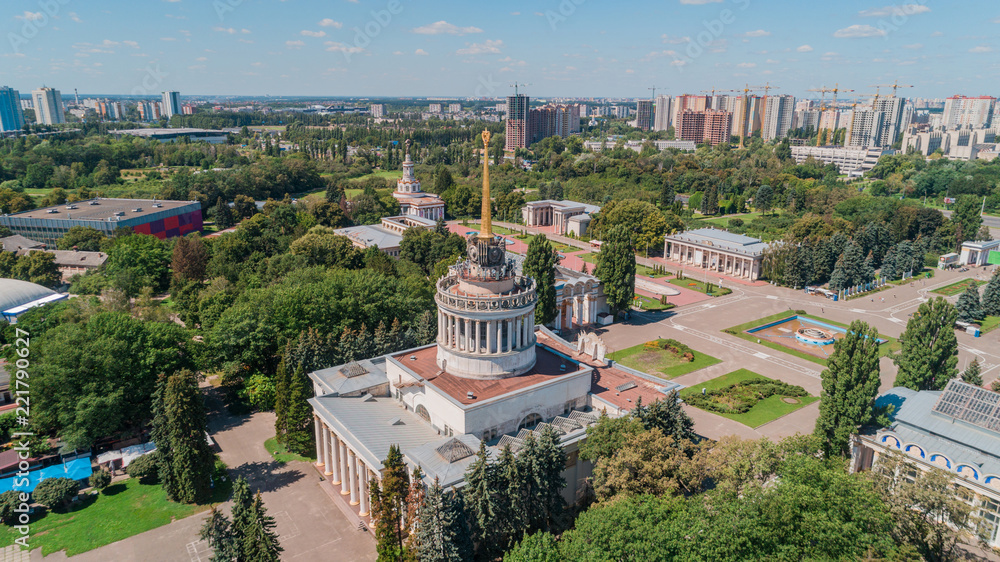 Aerial view of buildings. Park. Trees. VDNH. Aerial view of buildings. Park. Trees. VDNH.