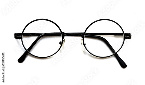 Round glasses with transparent glasses on white isolated background.