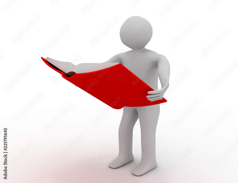 3D character reading book isolated on white 3D character reading book isolated on white