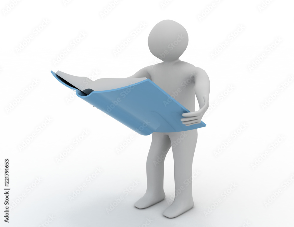 3D character reading book isolated on white 3D character reading book isolated on white