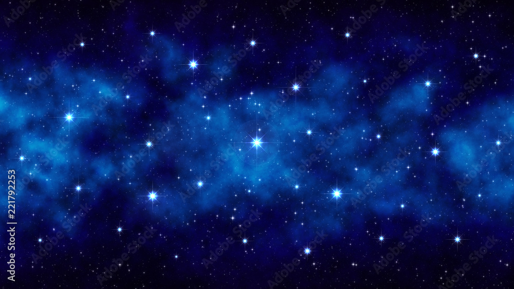 Night starry sky, dark blue space background with bright big stars, nebula