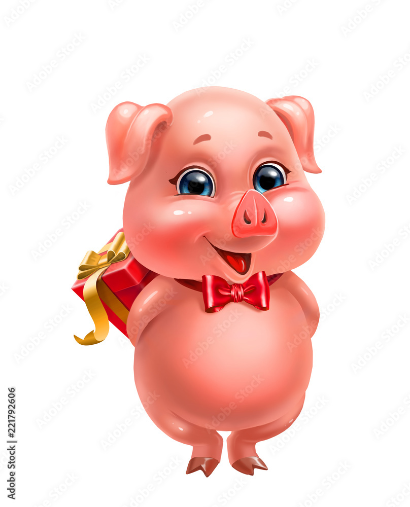 Fototapeta premium Piglet with gift isolated on white