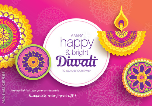 Diwali festival greeting card with colorful rangoli and diya lamp