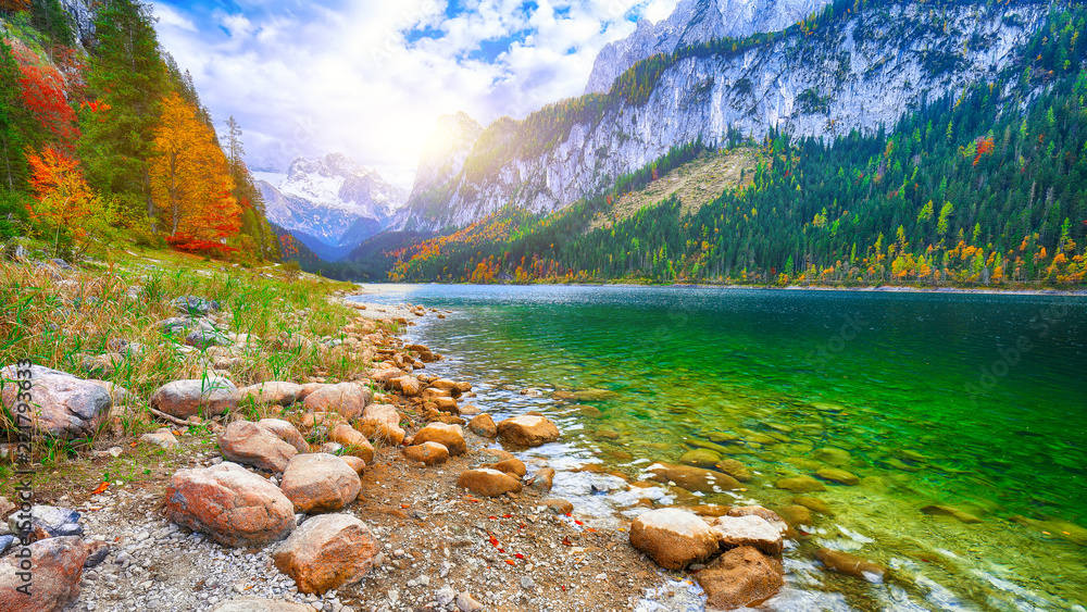 Beautiful view of idyllic colorful autumn scenery in Gosausee lake Austria