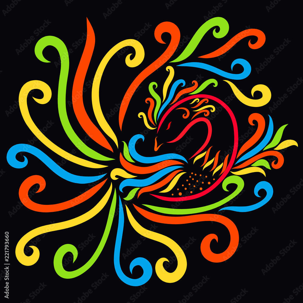 Beautiful magic bird of bright lines on a black background Beautiful magic bird of bright lines on a black background
