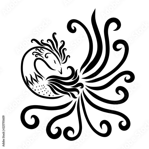 Beautiful graceful bird painted with flowing lines with curls