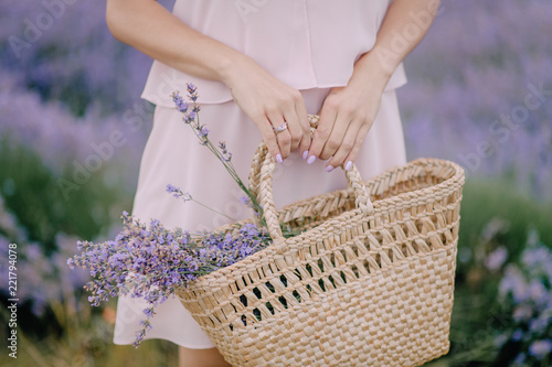Fototapeta Naklejka Na Ścianę i Meble -  girl in hand holding bag with lavender