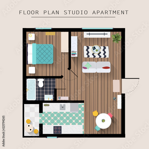 Detailed apartment furniture overhead top view. Studio Apartment With One Bedroom. Flat style vector illustration.