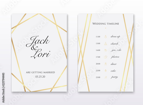 Wedding invitation cards with gold design. Save the date. Wedding timeline. Vector illustration.