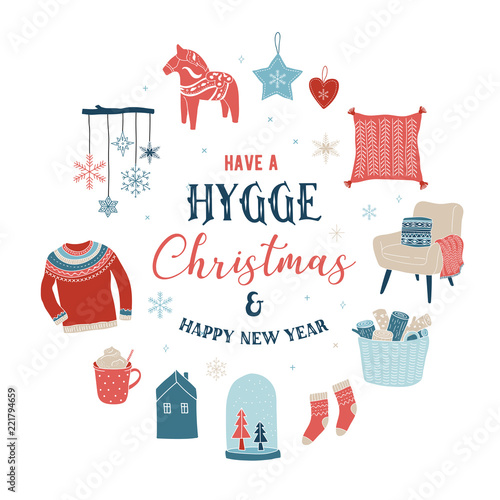 Hygge winter elements and concept design, Merry Christmas card, banner, background