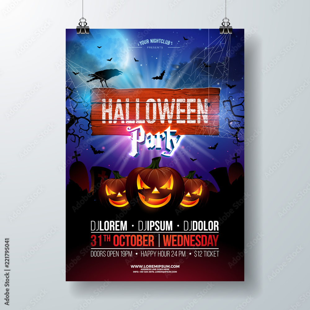 Fototapeta premium Halloween Party flyer vector illustration with scary faced pumpkin on mysterious moon background. Holiday design template with crow, spiders, cemetery and flying bats for party invitation, greeting