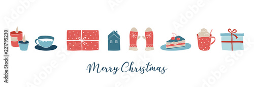 Scandinavian style, simple and stylish Merry Christmas greeting card with hand drawn elements, quotes, lettering