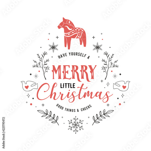 Scandinavian style, simple and stylish Merry Christmas greeting card with hand drawn elements, quotes, lettering