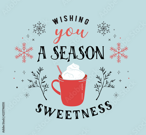 Scandinavian style, simple and stylish Merry Christmas greeting card with hand drawn elements, quotes, lettering