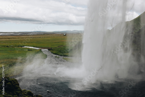 scenic view of Seljalandsfoss waterfall in highlands in Iceland