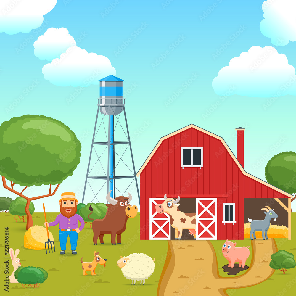 Cartoon concept on a agricultural theme. Rural scene with man and farm animals. Vector illustration Cartoon concept on a agricultural theme. Rural scene with man and farm animals. Vector illustration