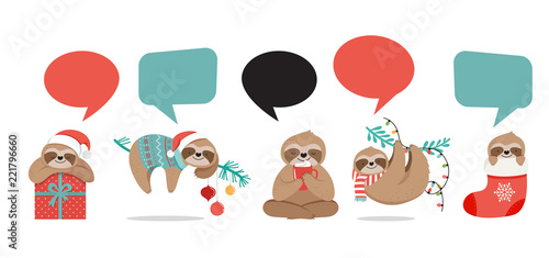 Cute sloths, funny Christmas illustrations with Santa Claus costumes, hat and scarfs, greeting cards set, banner
