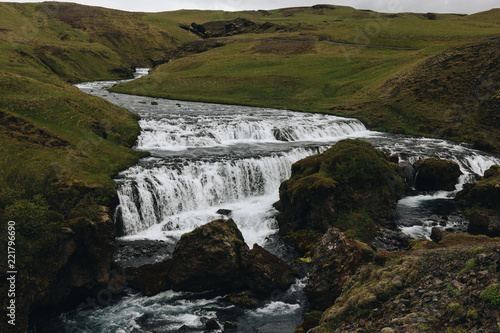scenic view of beautiful Skoga river flowing through highlands in Iceland