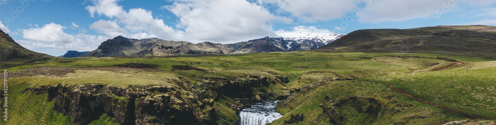 panoramic view of landscape with beautiful Skoga river flowing through highlands in Iceland