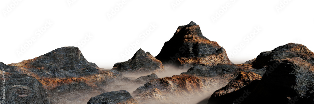 beautiful mountain range with low crawling clouds isolated on white background - obrazy, fototapety, plakaty 