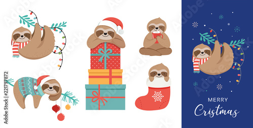 Cute sloths, funny Christmas illustrations with Santa Claus costumes, hat and scarfs, greeting cards set, banner