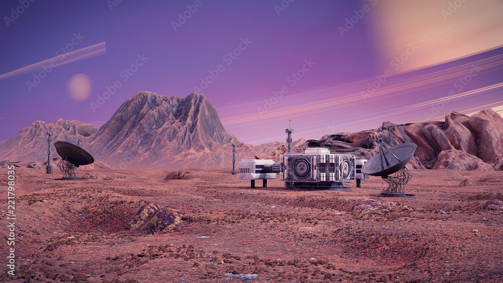 research station on the surface of moon around Saturn, alien landscape - obrazy, fototapety, plakaty 
