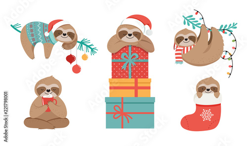 Cute sloths, funny Christmas illustrations with Santa Claus costumes, hat and scarfs, greeting cards set, banner
