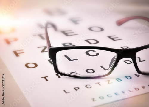 Fototapeta Naklejka Na Ścianę i Meble -  Glasses of sight on alphabet letter elevated view