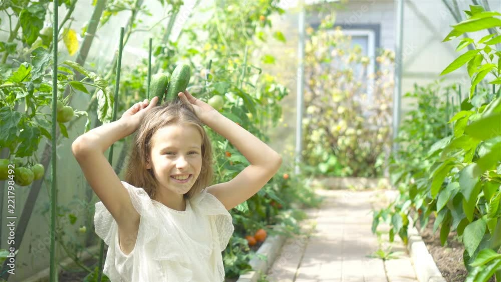 Adorable little girl harvesting cucumbers and tomatoes in greenhouse. Adorable little girl harvesting cucumbers and tomatoes in greenhouse.