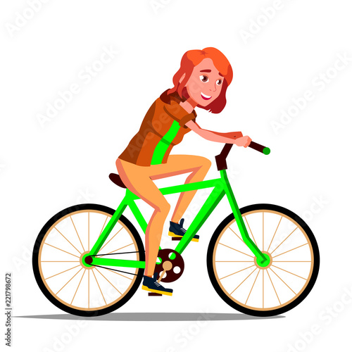 Fototapeta Naklejka Na Ścianę i Meble -  Teen Girl Riding On Bicycle Vector. Healthy Lifestyle. Bikes. Outdoor Sport Activity. Isolated Illustration
