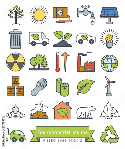 Environmental Issues Filled Line vector icons set