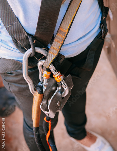 close up of climbing gear harness, adventure sport equipment