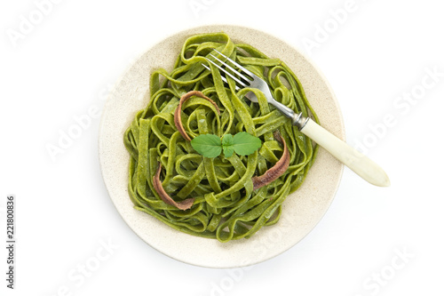 green spinach tagliatelle macaroni with basil